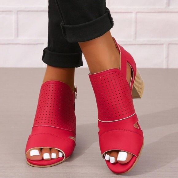 Red Peep Shootie Open Toe Perforated Sandals Cutout Block Heels Size 11 NEW - Picture 2 of 6
